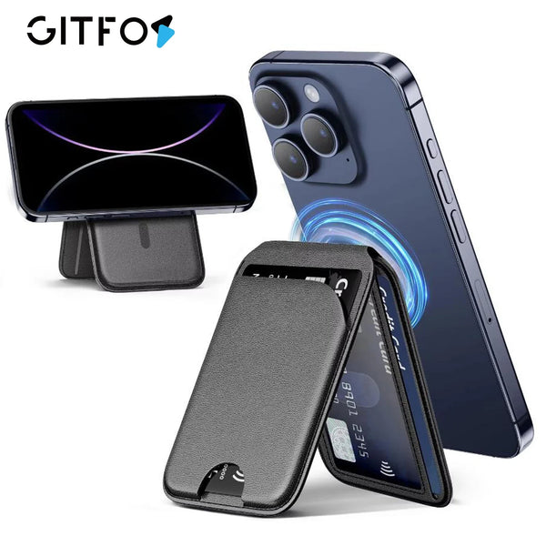 A dark gray MagSafe magnetic card holder wallet for an iPhone is shown alongside the phone.