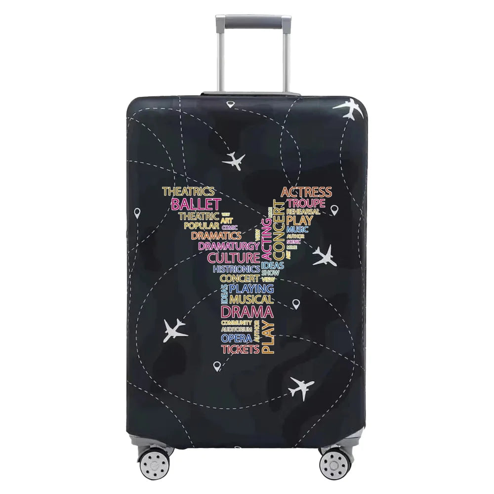 A black suitcase with a transparent grid pattern featuring various performance and arts related words like ballet, concert, o