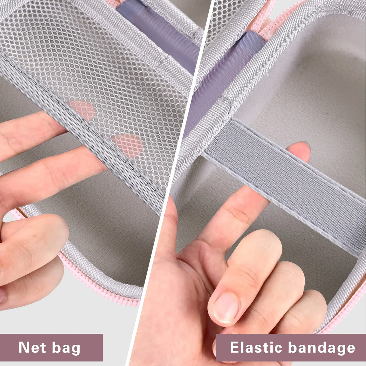 Eine Hand demonstriert die Netztasche und das Elastikbindungsfeature einer strapazierfähigen EVA-Kameratasche.