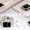 A glitter diamond rhinestone bumper case for an Apple Watch is shown with various angles and accessories.
