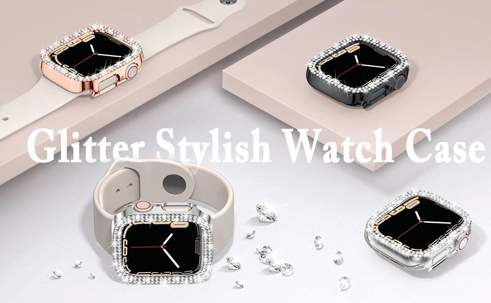 A glitter diamond rhinestone bumper case for an Apple Watch is shown with various angles and accessories.