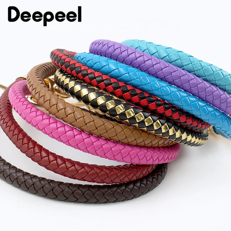 A stack of colorful PU leather replacement bag straps with metal buckles in various shades including pink, purple, blue, and 