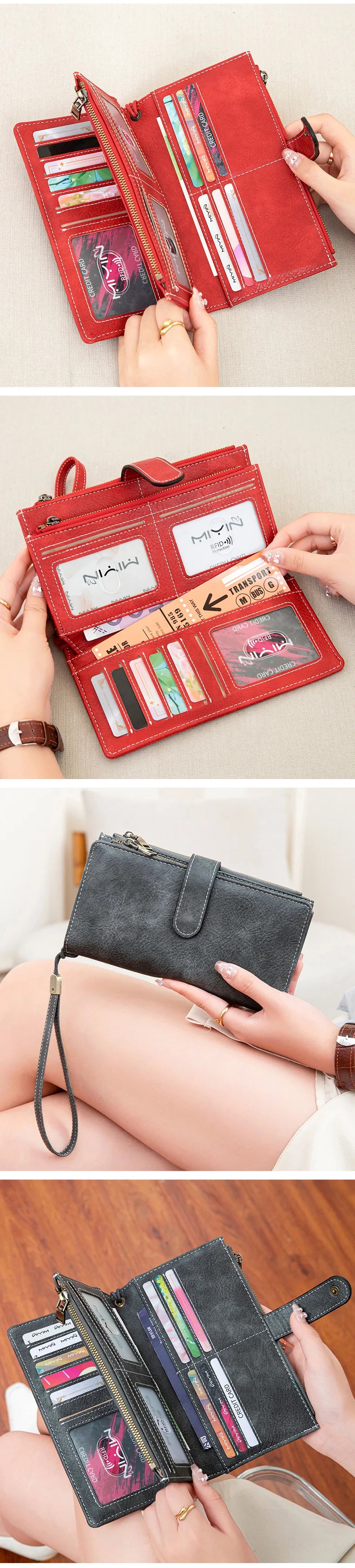 A close-up of a red vintage trifold clutch wallet being opened and closed by a hand.
