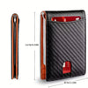 A black slim bi-fold wallet with an orange accent, showing its dimensions and interior.