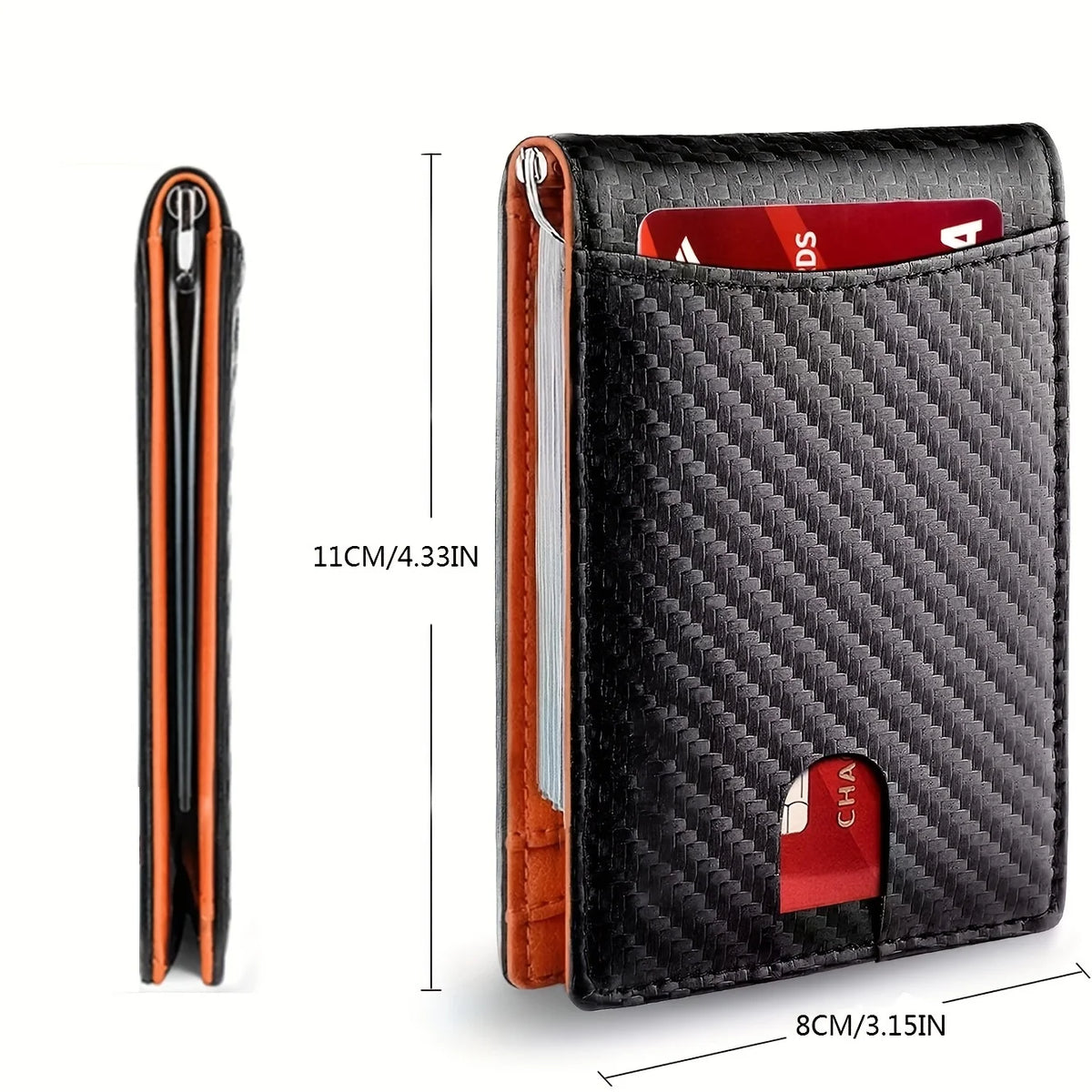 A black slim bi-fold wallet with an orange accent, showing its dimensions and interior.