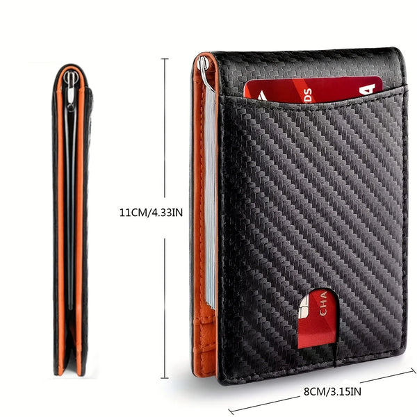A black slim bi-fold wallet with an orange accent, showing its dimensions and interior.