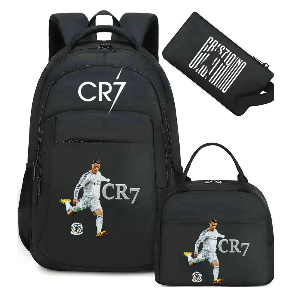 Black CR7 sports backpack with a black rain cover and a graphic of a soccer player.