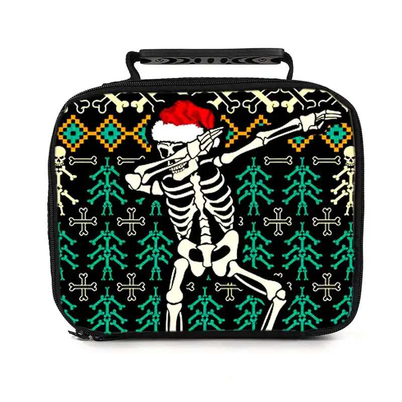 Sac à déjeuner noir avec motif crâne coloré représentant un squelette portant un bonnet de Père Noël.