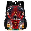 A black backpack featuring a soccer player graphic with the number 7 on a red jersey.