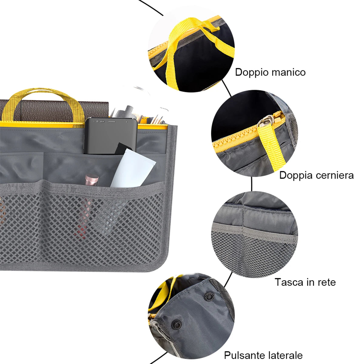 A multi-pocket organizer tote bag shown with various features like a double handle, double zipper, mesh pocket, and side butt