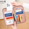 A brown RFID blocking travel wallet holds a passport, credit cards, and an ID card, with a smartphone visible above it.