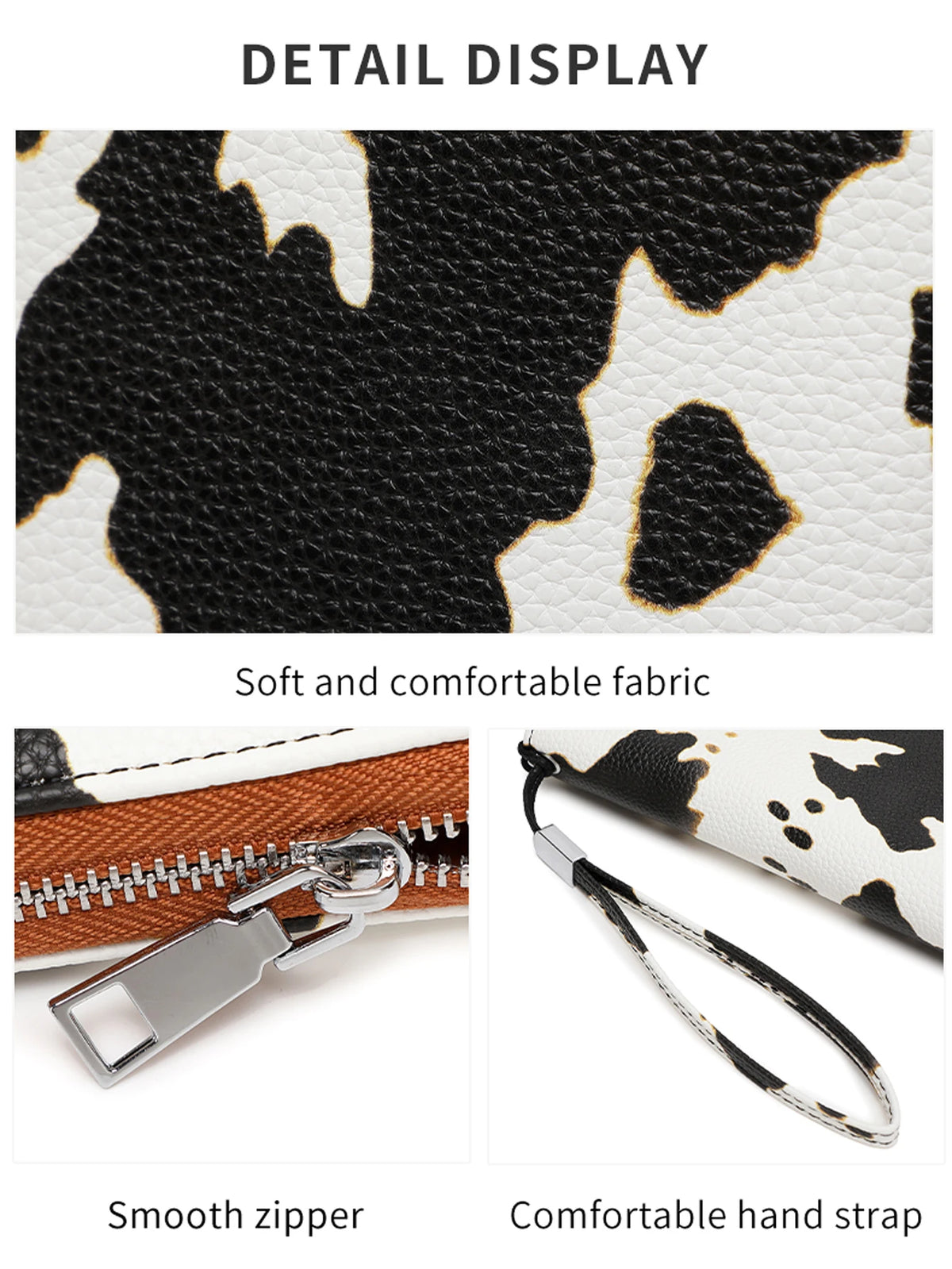 Detail display of a black and white cow print PU leather fabric, smooth zipper, and a comfortable hand strap.