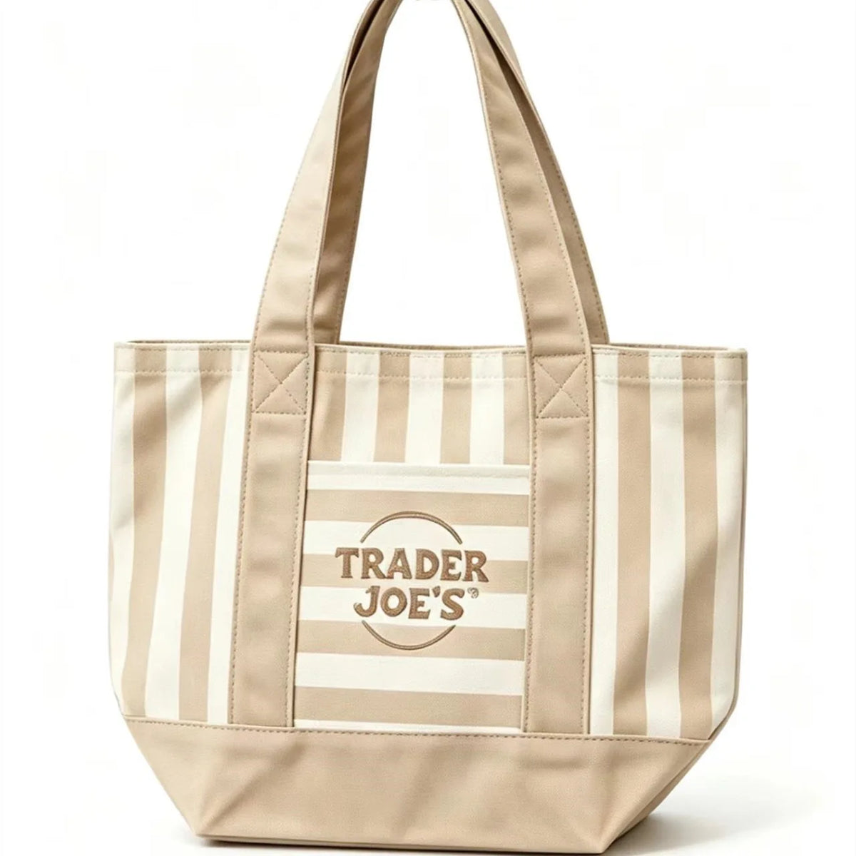 Una bolsa de tela beige con rayas verticales marrón claro y blanco y el texto TRADER JOE'S en la parte delantera.
