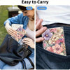 A woman is shown carrying a floral design metal card holder in a bag and a pocket.