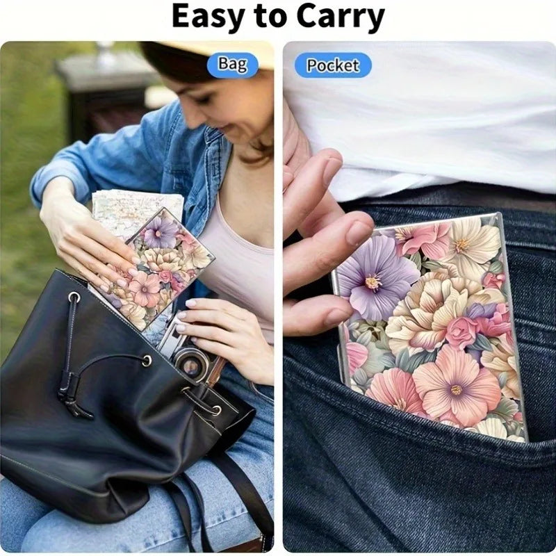 A woman is shown carrying a floral design metal card holder in a bag and a pocket.