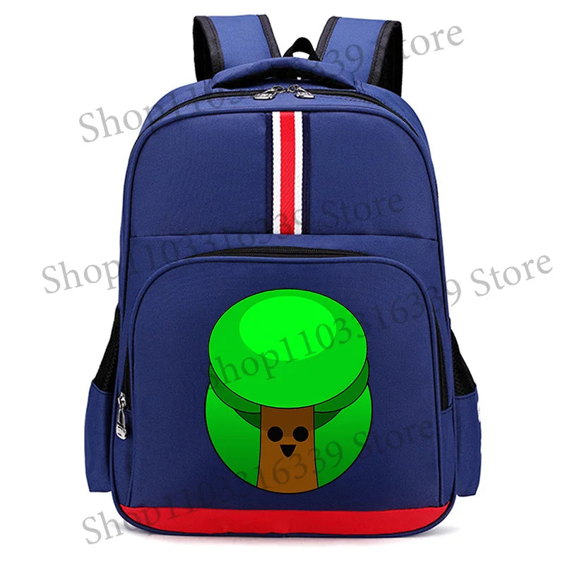 A dark blue cartoon anime backpack featuring a green tree design.