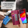 A person holds a pink leather crossbody phone case with hidden card slots, next to an iPhone and a credit card.