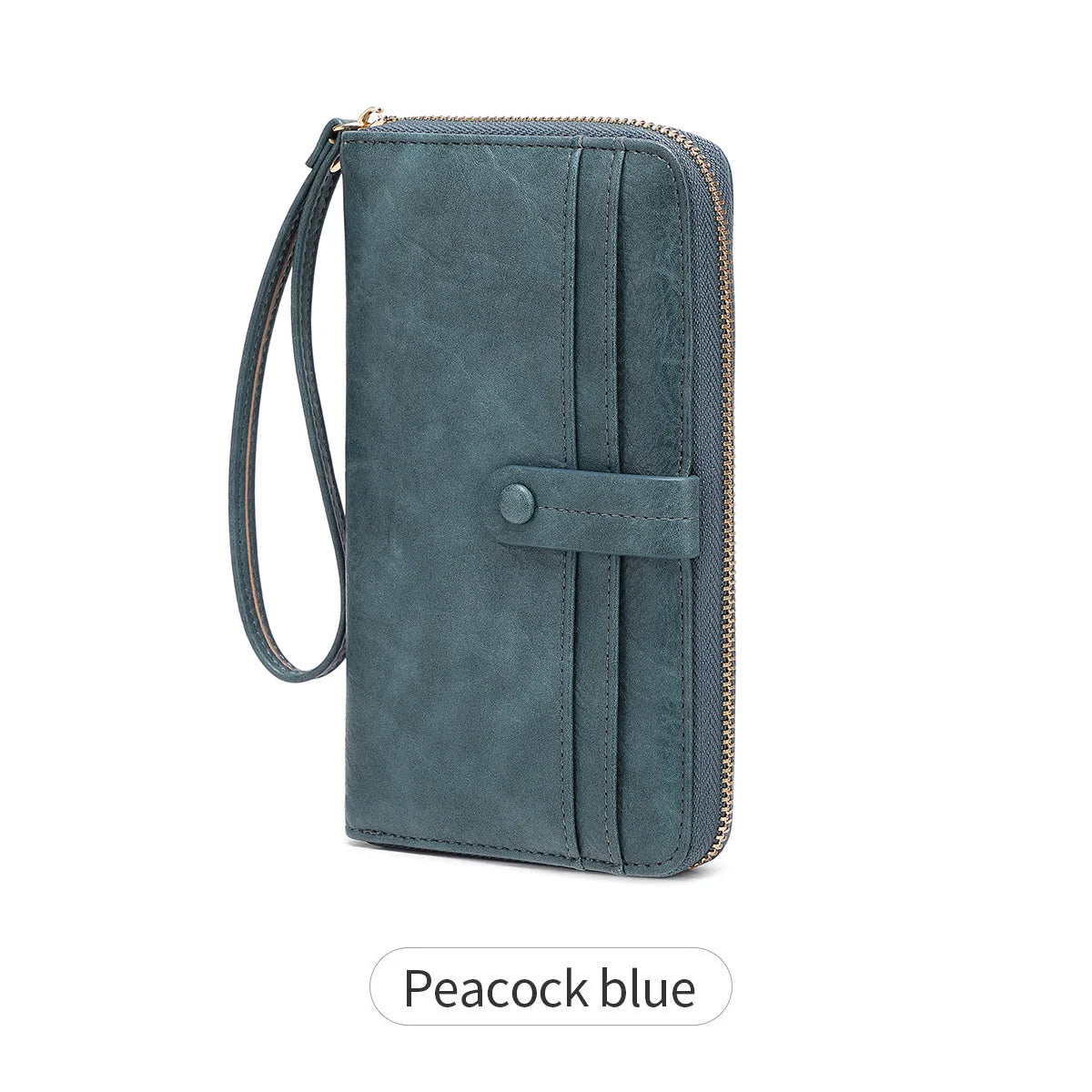 A dark blue PU leather zipper clutch wallet with a strap, shown in a vertical view.