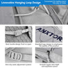 Close-up view of an innovative hanging loop design on a gray vest, showing various features like buckles and zippers.
