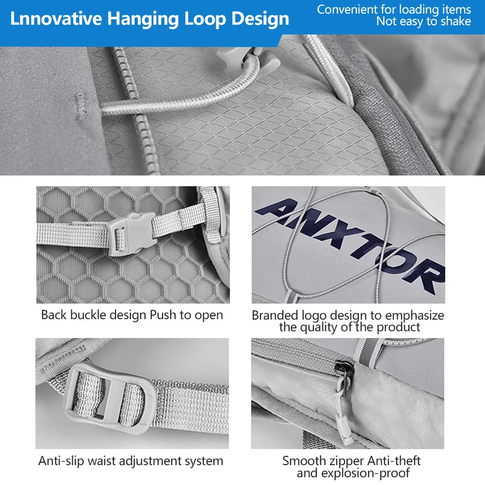 Close-up view of an innovative hanging loop design on a gray vest, showing various features like buckles and zippers.