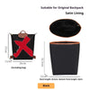 Black satin lining organizer insert for backpacks shown with dimensions and a separate pouch.