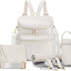 A light beige large capacity diaper bag backpack with a front pocket and a separate storage container.