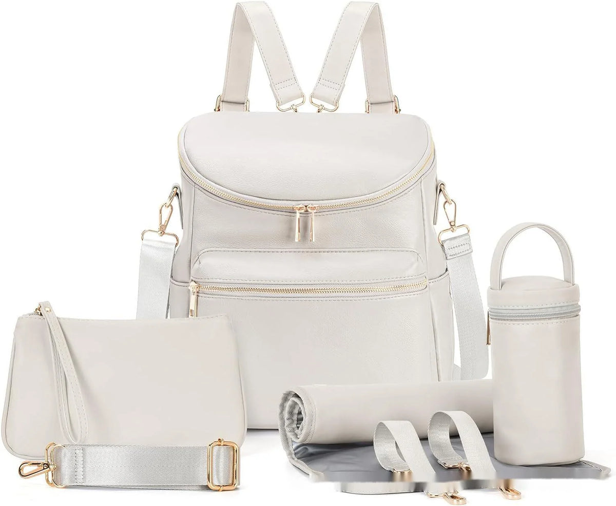 A light beige large capacity diaper bag backpack with a front pocket and a separate storage container.