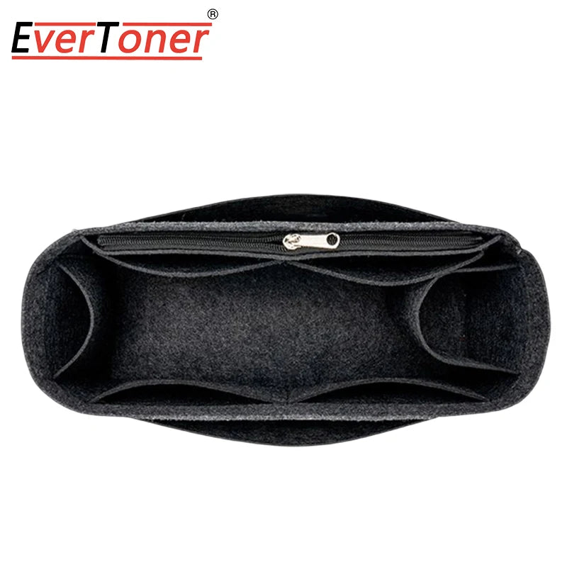 Black felt bag organizer insert with a zippered compartment for tote handbags