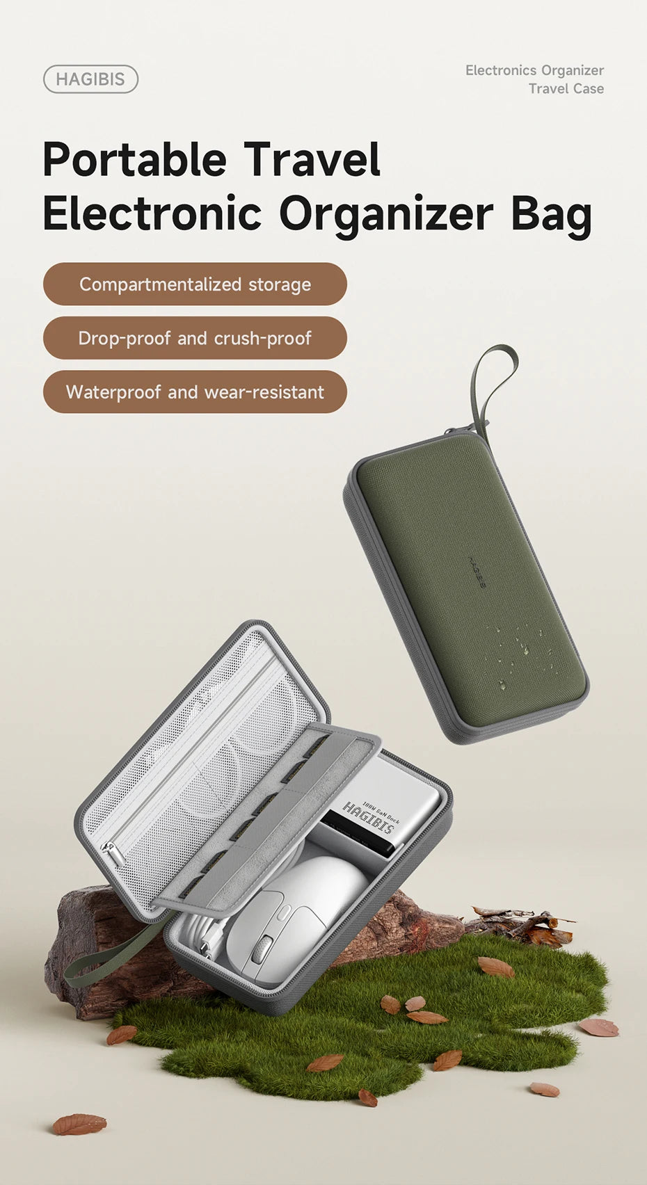 Bolsa organizadora electrónica portátil para viajar en verde oliva, mostrada abierta con compartimento transparente y tapa pr