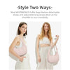 A woman models a pink quilted nylon shoulder bag with adjustable straps and long straps.