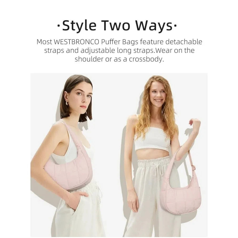 A woman models a pink quilted nylon shoulder bag with adjustable straps and long straps.