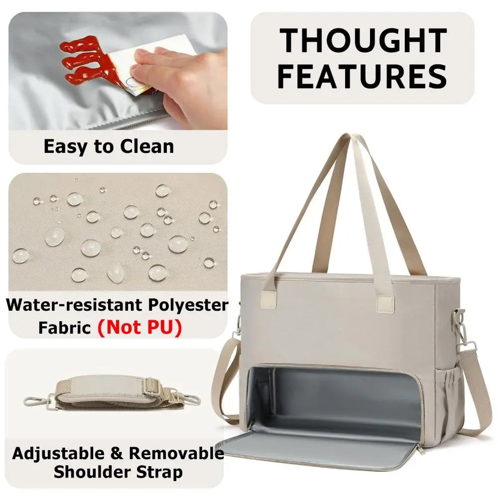 A light beige insulated tote bag with a removable shoulder strap and easy-to-clean water-resistant fabric.