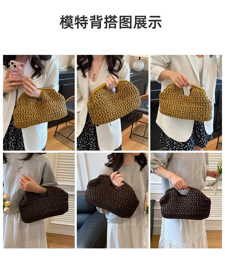 Close-up display of straw woven tote handbags in various shades of brown and dark brown.