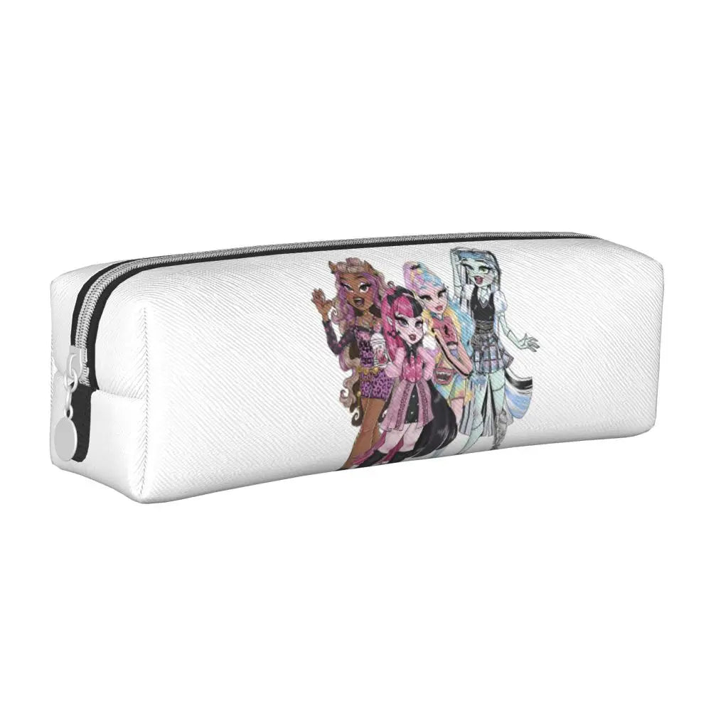 A white zippered pencil case featuring colorful anime-style characters on the exterior.