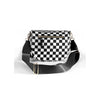 A black and white checkered multi-functional waist bag with gold hardware and black strap.