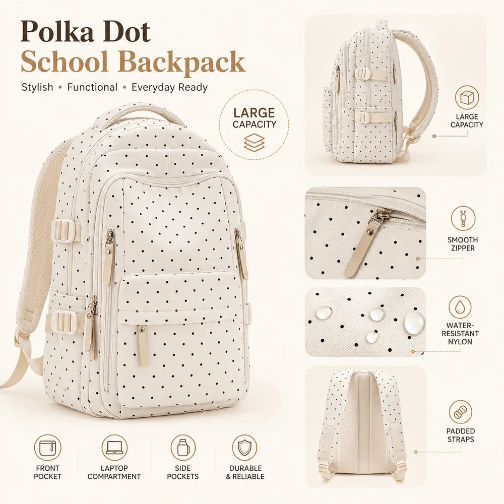 A cream-colored polka dot school backpack shown from the front, highlighting its features like pockets and durable straps.