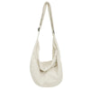 A beige corduroy casual crossbody shoulder bag with a drawstring closure.