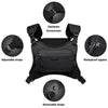 A black waterproof chest pack with adjustable straps and removable straps shown with various hardware accessories.