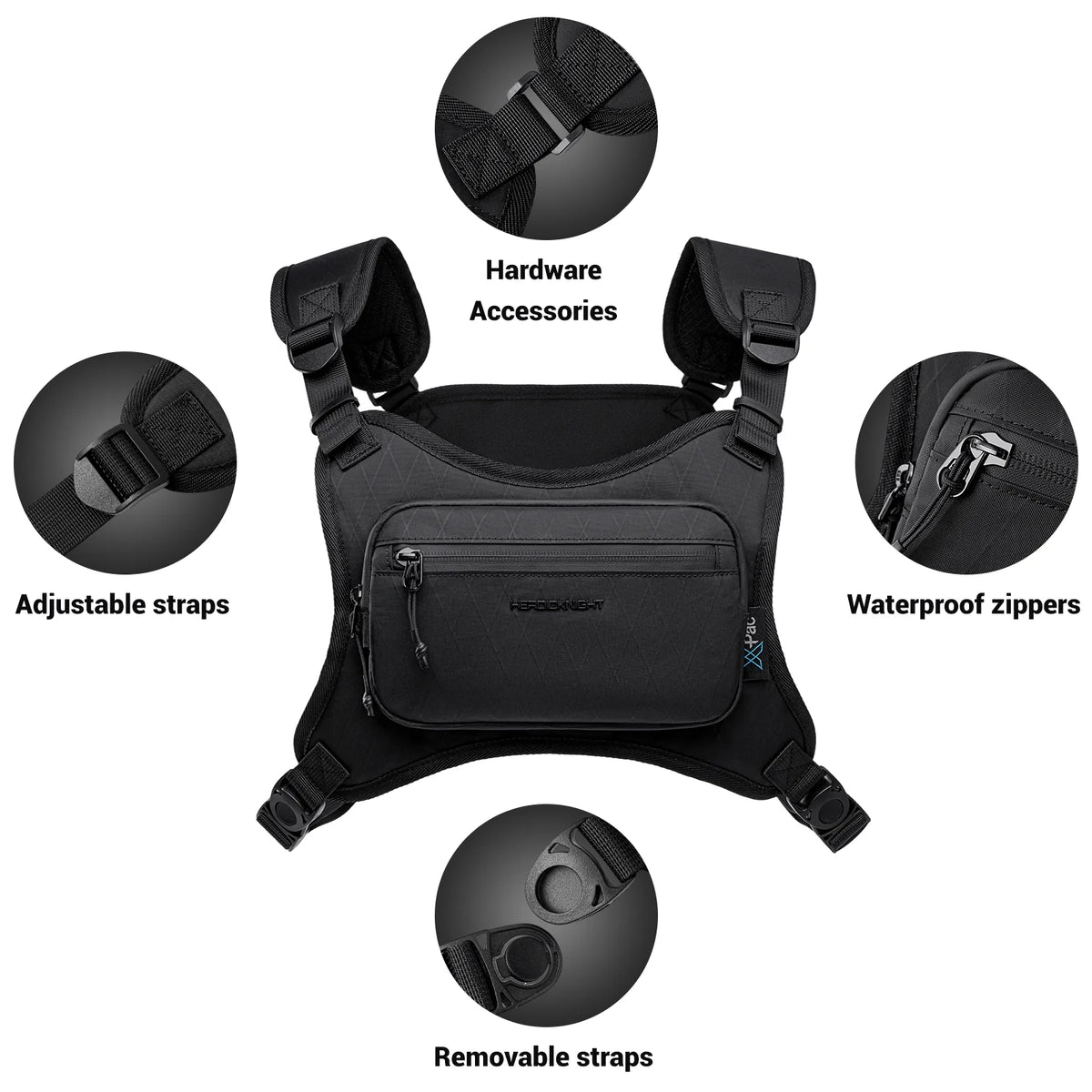 A black waterproof chest pack with adjustable straps and removable straps shown with various hardware accessories.