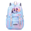 A light blue and pink patterned Jacquard laptop backpack featuring three anime-style charms.