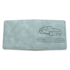 A light blue gray PU leather glove box wallet for registration and insurance with a line drawing of a car.