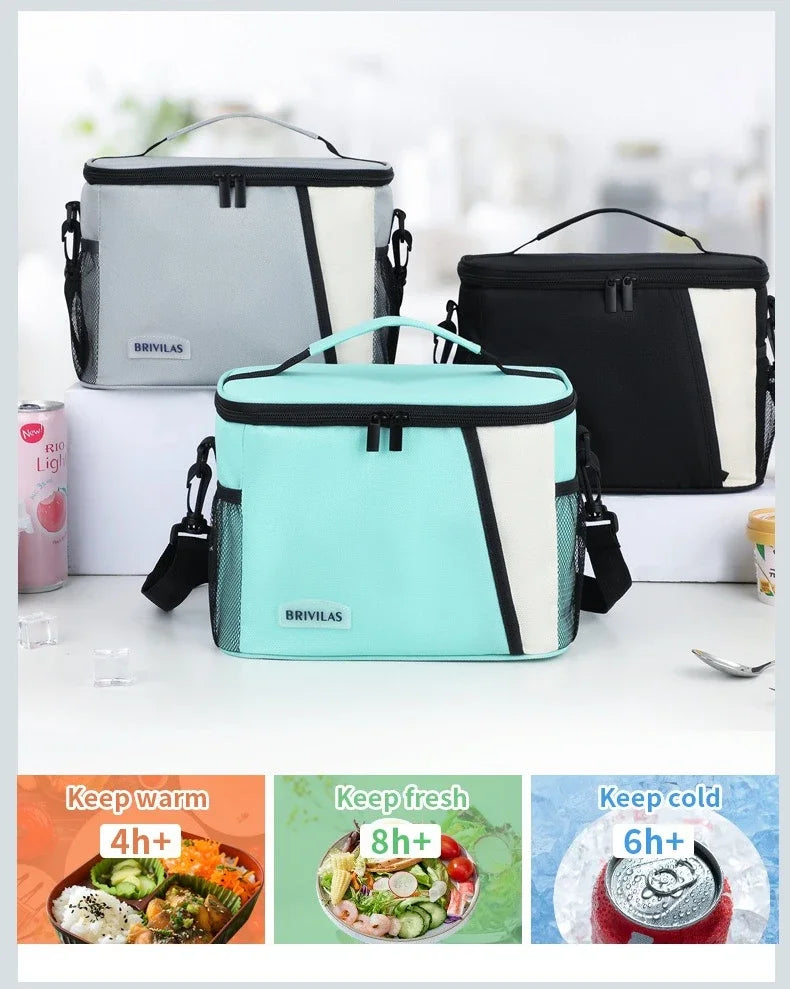 Three insulated reusable lunch bags in gray, black, and mint green are displayed with food items.