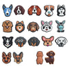 A collection of decorative shoe charms and pins shaped like various dog breeds.