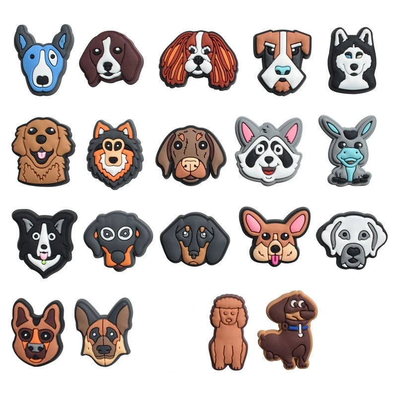 A collection of decorative shoe charms and pins shaped like various dog breeds.