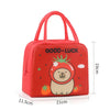 Red insulated lunch bag featuring a cartoon capybara design and the text good luck