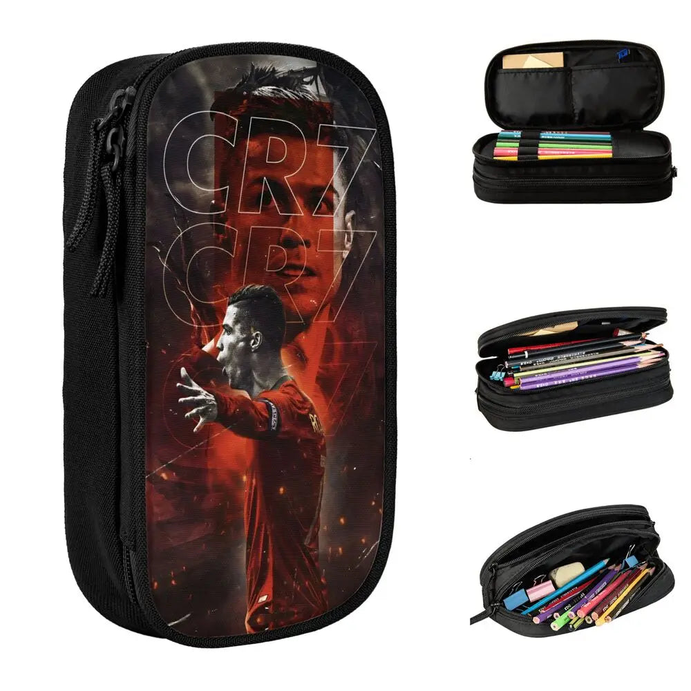 Black leather pencil case featuring a graphic design of a man's face.