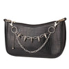 Black faux leather crossbody bag with a gold metal chain strap