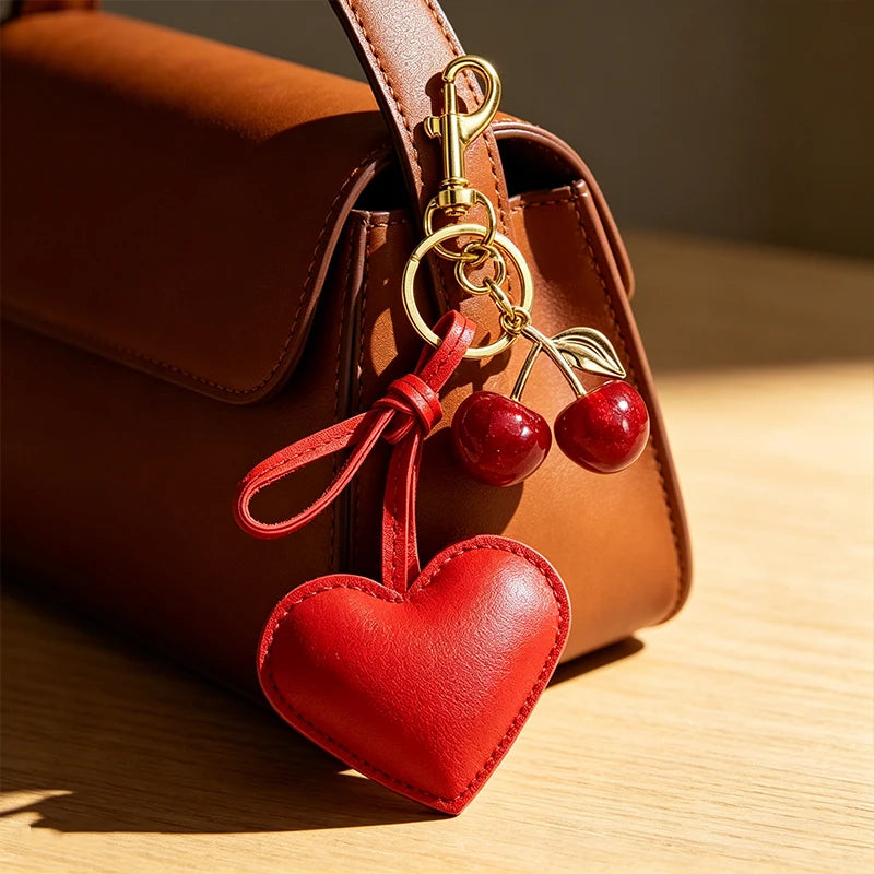 A brown leather handbag with a gold chain and a red heart-shaped cherry keychain attached.