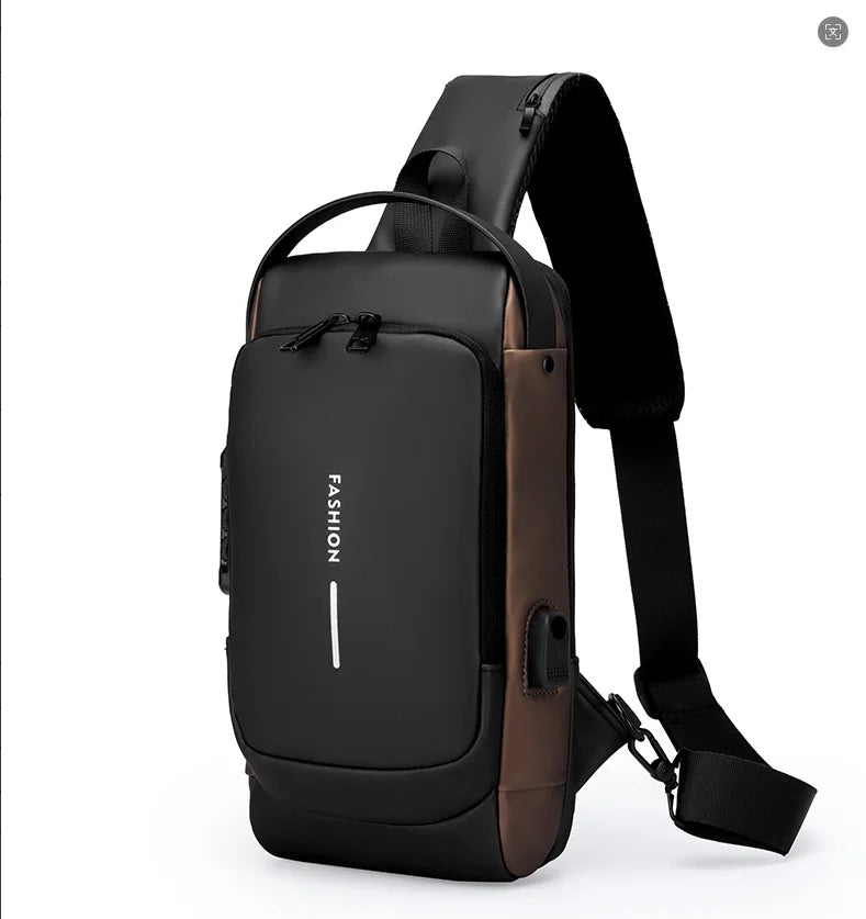 A black anti-theft crossbody chest bag with a brown accent and adjustable strap.
