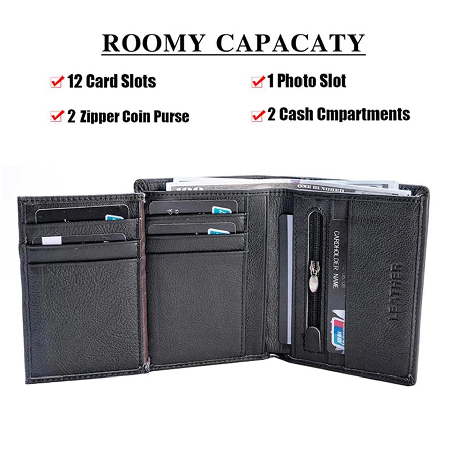Black genuine leather men's business wallet featuring card slots, a photo slot, and cash compartments.